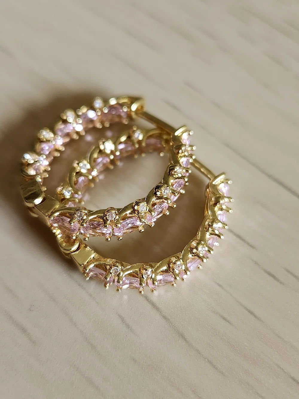 New 18K Gold Plated Double-sided Pink Sapphire Hoop Earrings for Women